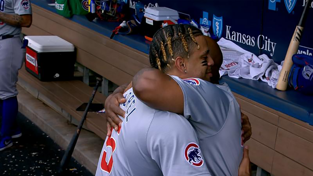 Christopher Morel Hugs Cubs Dugout