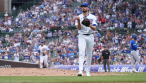 Porter Hodge Pumping Fist Into Glove Against Blue Jays Aug 2024