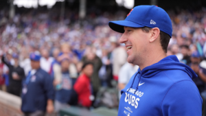 Kyle Hendricks Smiling Cubs Blue Sweatshirt Final Wrigley Start