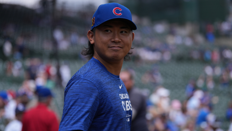 Shota Imanaga Smirking Cubs Blue Shirt Image