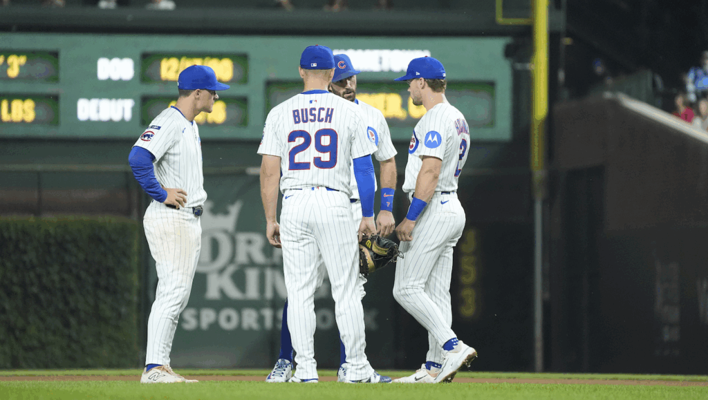 Cubs Infielders At Mound Aug 5 Vs Reds