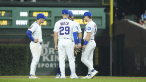 Cubs Infielders At Mound Aug 5 Vs Reds