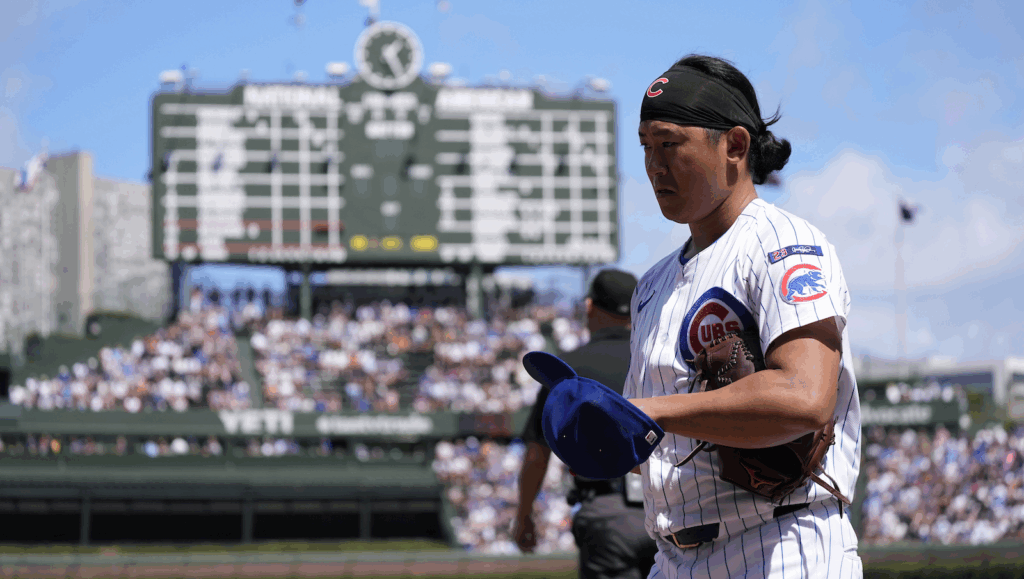 Shota Imanaga Hat Off Scoreboard In Background Aug 2025