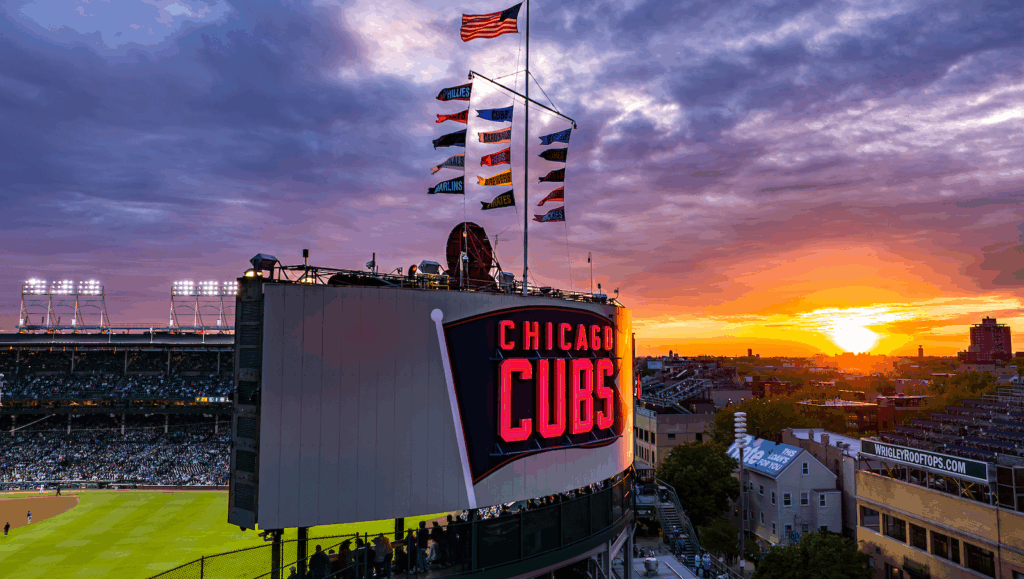 Wrigley May 2025 Drone Shot Scoreboard Flags Generic