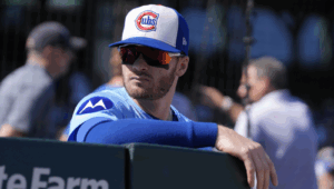 Ian Happ Looking Out From Cubs Dugout Late 2025